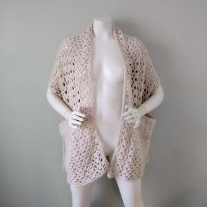 Vintage Handknit Crochet Oyster Beige Pocket Shawl Wrap